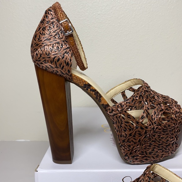Jessica Simpson Dessie Platform Sandal Heels Caramel Black 10 - Picture 4 of 6